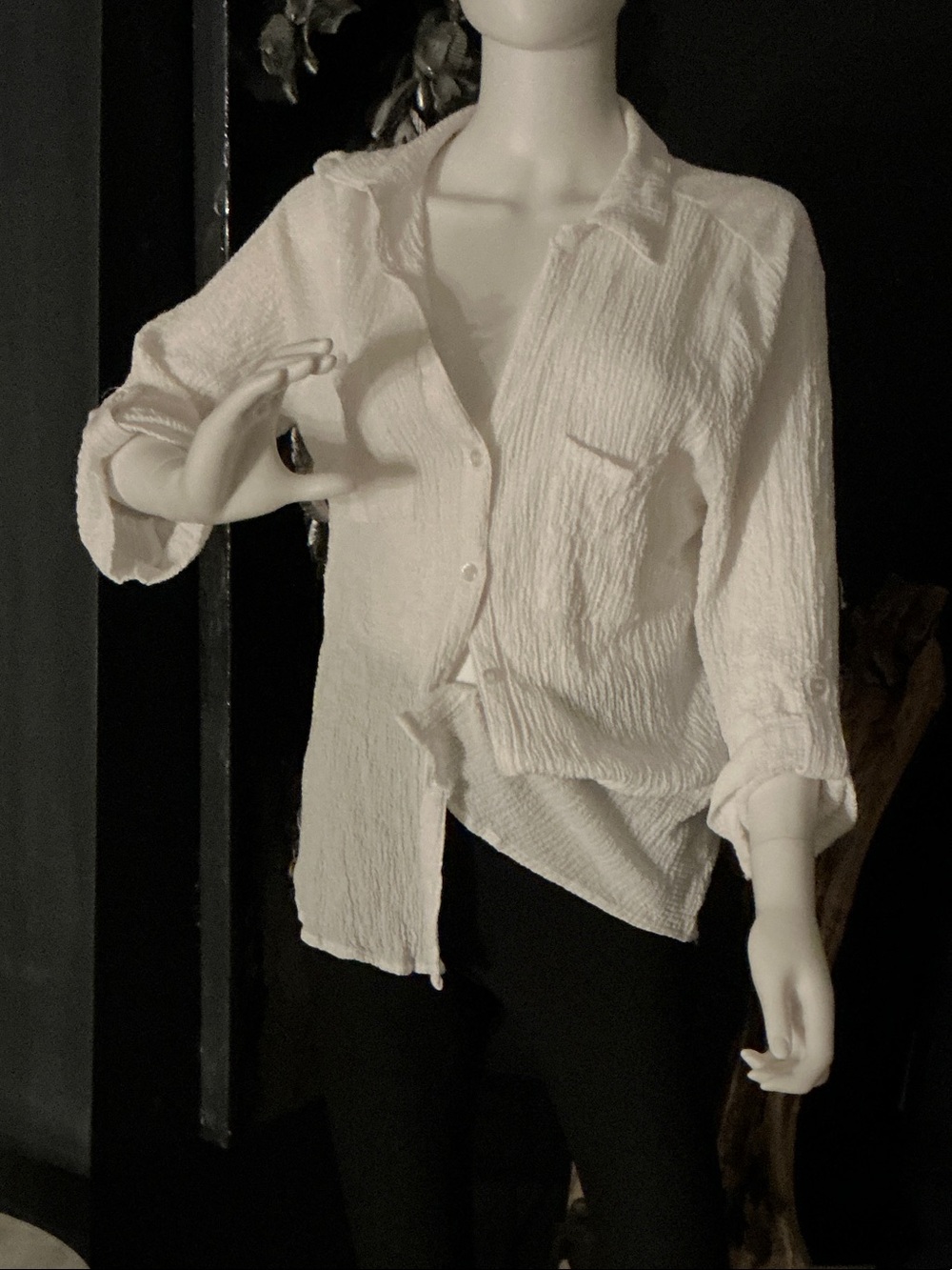 Women's White Crinkle Button-Down Shirt with Chest Pocket